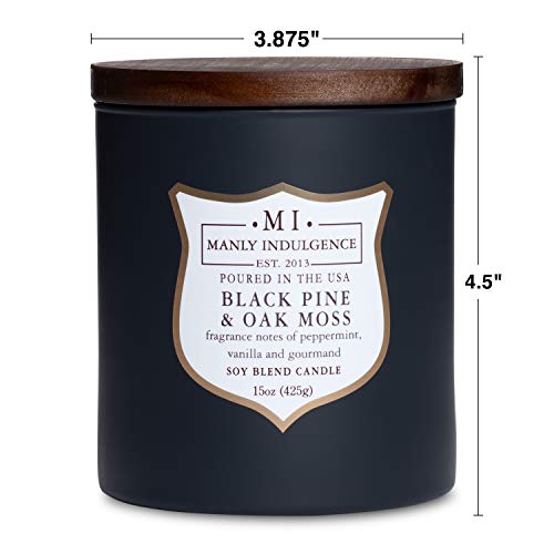 Manly Indulgence Black Pine Oakmoss Scented Jar Candle, Wood Wick, Premium Soy Blend White Wax, 60 hr Burn, Matte Dark Gray Jar Candle for Home and Men, 15 oz - USA Poured