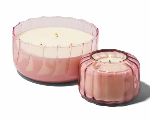 Paddywax Scented Candles Ripple Hand Blown Glass 3-Wick Luxury Artisan Candle, 340g, Pink - Desert Peach