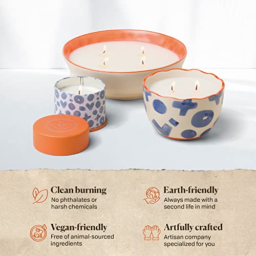 Paddywax Scented Candles Firefly Terrace Collection Soy Wax 2-Wick Candle in Food-Safe Hand-Painted Ceramic Bowl12-Ounce, Blue Tuberose