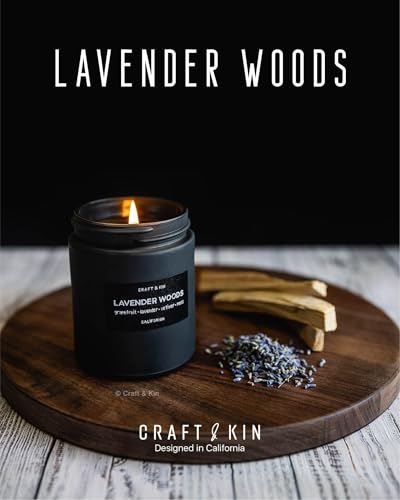 Craft & Kin Premium Lavender Woods Candle | Black Scented Candles for Men | Long Lasting with 45 Hour Burn Time, 7.6oz | Made with Soy | Aromatherapy at Home | Gifts for Men