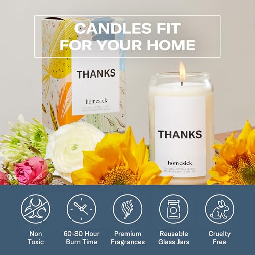Homesick Scented Candles for Home (Thanks) - 13.75 oz Long-Lasting Soy Wax Blend Jar Candle Gifts for Women for All Occasions, 60-80 Hours Burn Time - Notes of Cucumber, Lemon & Patchouli