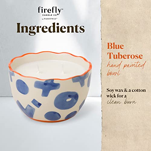 Paddywax Scented Candles Firefly Terrace Collection Soy Wax 2-Wick Candle in Food-Safe Hand-Painted Ceramic Bowl12-Ounce, Blue Tuberose