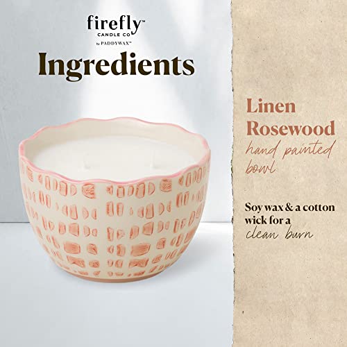 Paddywax Scented Candles Firefly Terrace Collection Soy Wax 2-Wick Candle in Food-Safe Hand-Painted Ceramic Bowl, 12-Ounce, Linen Rosewood