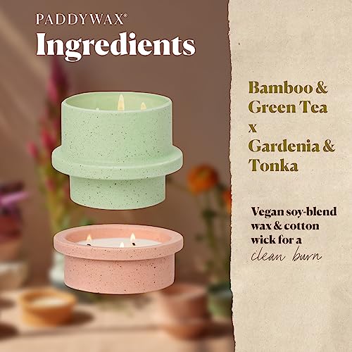 Paddywax - Bamboo & Green Tea (11.5oz) & Gardenia & Tonka (5oz) Scented Ceramic Candle Bundle, Two-Wick Wax Candles, Part of The Folia Collection, Soy Wax Blend, Hand-Poured Wax, Vegan (2-Pack)