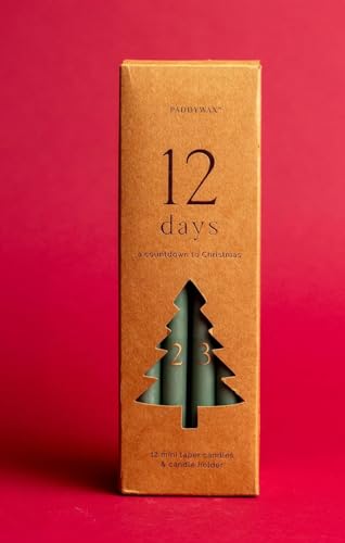 Paddywax Scented Holiday Candles 12 Days of Christmas Mini Taper Candle Set with Holder, 12-Count, Cypress & Fir