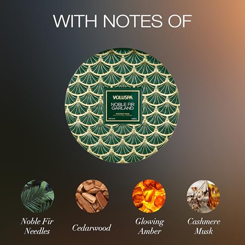 Voluspa Noble Fir Garland, 3 Wick Tin Candle, 12oz, 40 Hour Burn Time, Coconut Wax Candle for The Home, Handcrafted in The USA