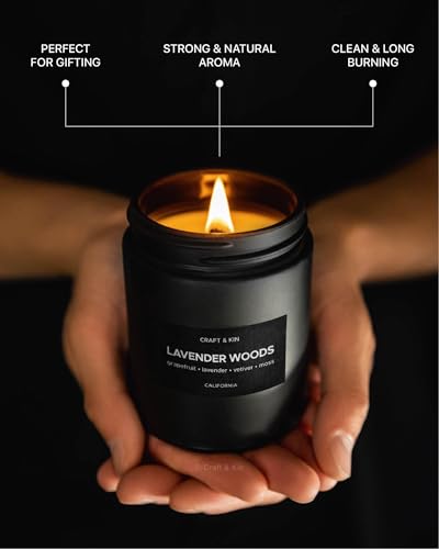 Craft & Kin Premium Lavender Woods Candle | Black Scented Candles for Men | Long Lasting with 45 Hour Burn Time, 7.6oz | Made with Soy | Aromatherapy at Home | Gifts for Men