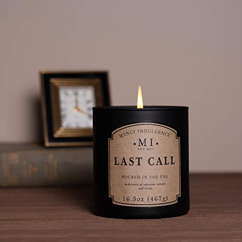 Manly Indulgence Last Call Scented Jar Candle, Cotton Wick, Premium Soy Blend White Wax, 60 hr Burn, Matte Black Jar Candle for Home and Men, 16.5 oz - USA Poured