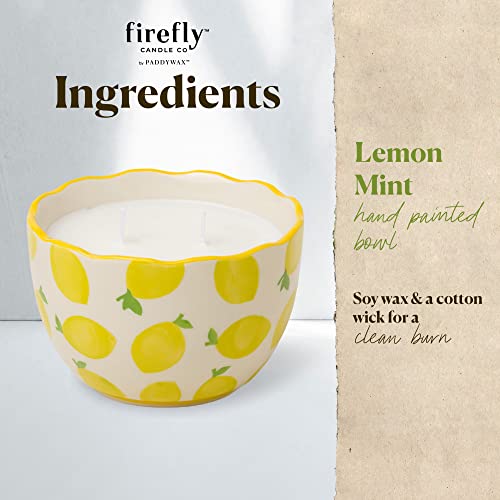 Paddywax Scented Candles Firefly Terrace Collection Soy Wax 2-Wick Candle in Food-Safe Hand-Painted Ceramic Bowl, 12-Ounce, Lemon Mint