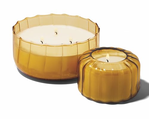 Paddywax Scented Candles Ripple Hand Blown Glass 3-Wick Luxury Artisan Candle, 340g, Tan - Golden Amber